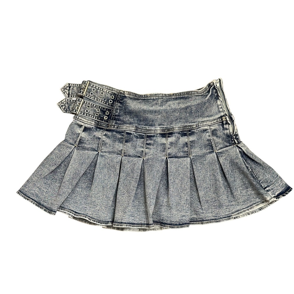 Love Tree Denim Acid Wash Pleated Mini Skirt Blue Buckle Strap Y2K Grunge Size M